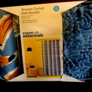 Shower curtain bath bundle w/ coordinating bath rug, & storage basket 15 pieces